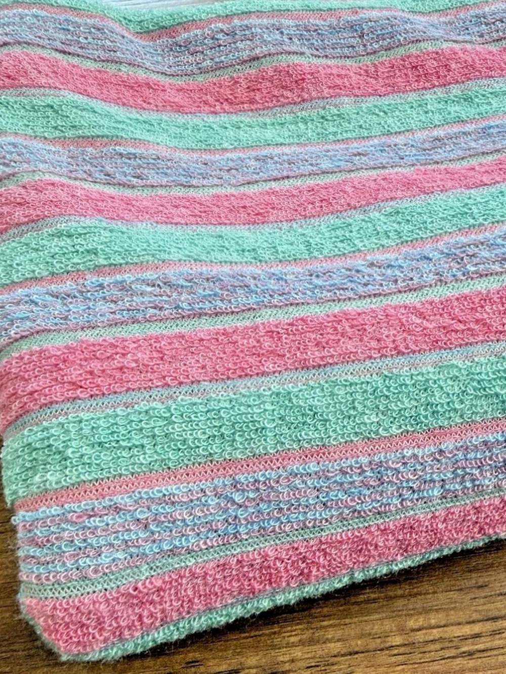 Vintage 80s Striped Terrycloth Fabric Pink Blue Green 1 Yard +5” L x 64” W